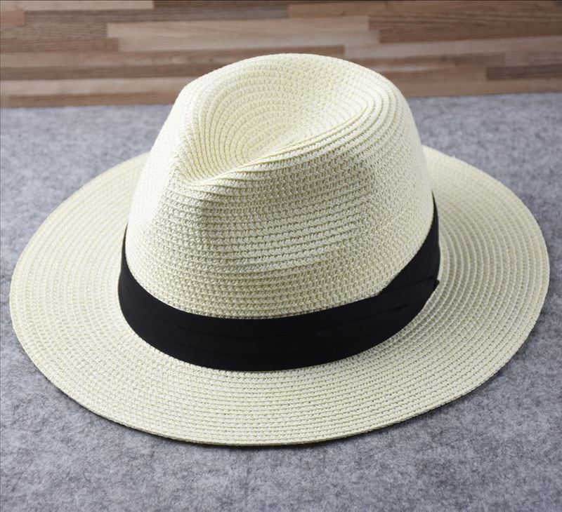 Sombreros panamá de ala ancha para hombre, sombrero de paja de ala ancha para playa, de verano, Fedora de talla grande, 55-57cm, 58-60cm, 61-64cm: Milk-white / 58-60cm