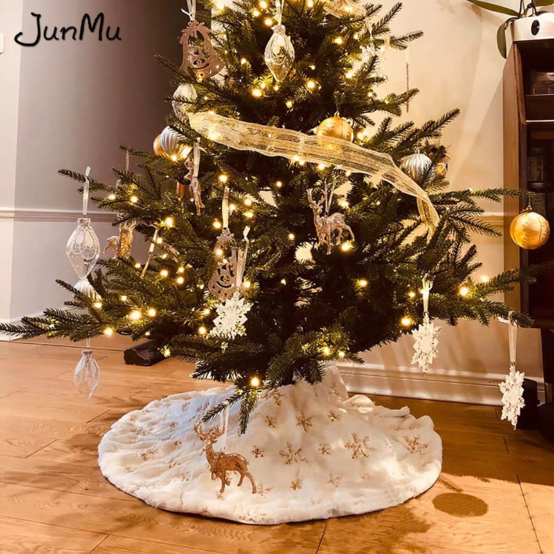 Sequin Christmas Tree Skirt Soft Plush Gold/Silver Snowflake Tree Mat White Faux Fur Party Decor 90cm/122cm