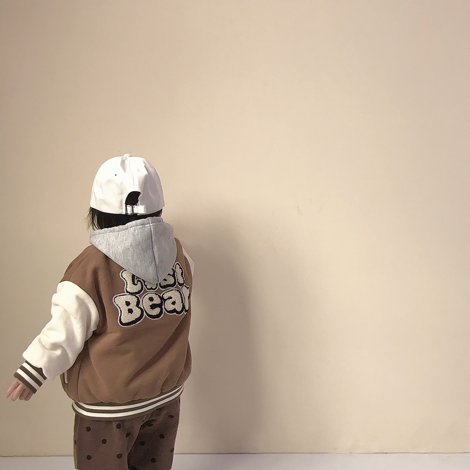 9252 Kinderen Kleding Patchwork Lange Mouwen Baseball Jassen Herfst Winter Meisje Beer Baseball Jas Jongen Koffie Dot Broek