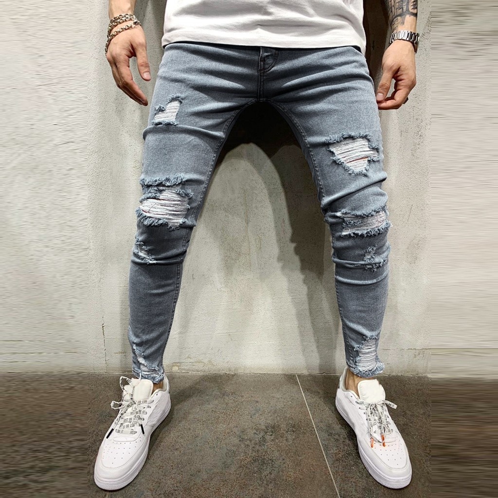 Men Stretchy Ripped Skinny Biker Embroidery Print Slim Fit Jeans Casual Summer Male Ripped Skinny Trousers Slim Biker Outwears