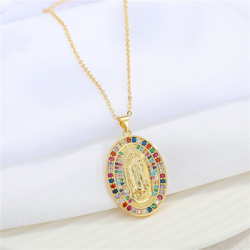1 Pc Kleurrijke Maagd Maria Ketting Voor Vrouwen Sieraden Vintage Hollow Shiny Zirkoon Ronde Geometrische Hanger Sleutelbeen Keten N698-33: caituoyuan