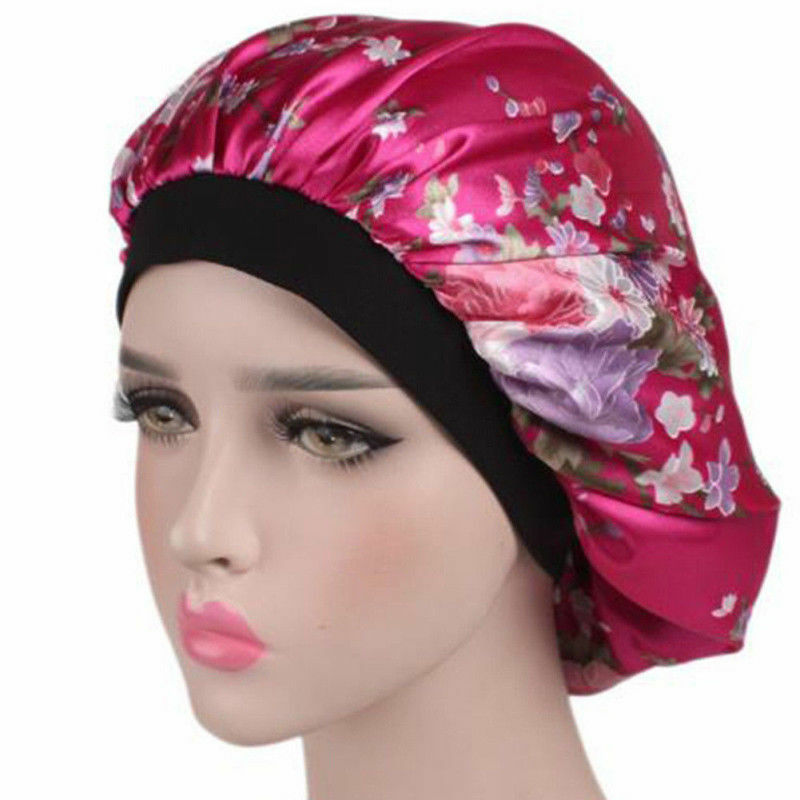 Kvinder satin solid sovehat blød silke satin nat hår hue hat silke komfortabelt hovedbetræk bred elastik hårtab: 05