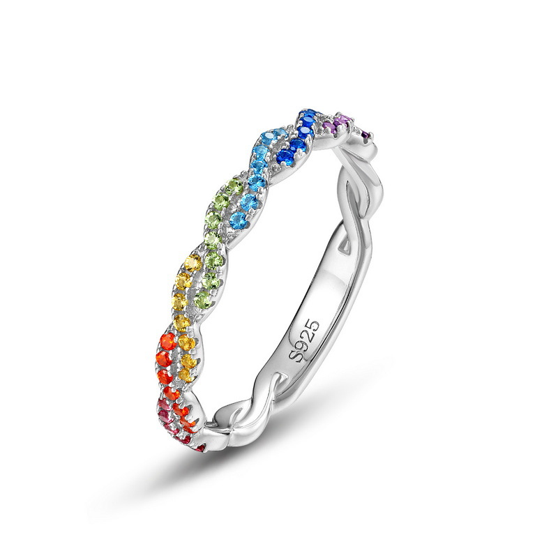 ALLNOEL 100% 925 Anelli in argento sterling per le donne Abbagliante zircone Arcobaleno CZ Anello twist Regali di nozze alla moda Gioielli all'ingrosso: Rosso / 7