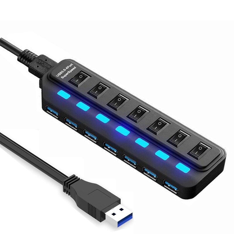 Divisor do cubo 3.0 de usb, cubo de dados de usb de 7 portas com interruptores e luzes individuais de ligar/desligar para o portátil, pc, computador