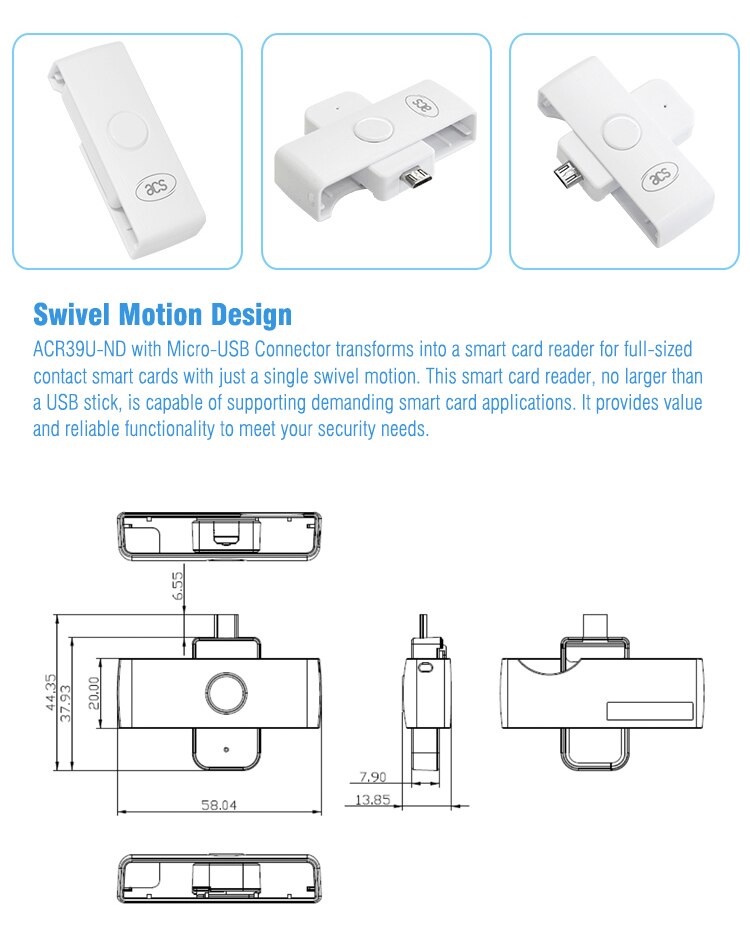 Micro-USB ISO 7816 Class A/B/ C ACR39U-ND PocketMate Smart Card Reader