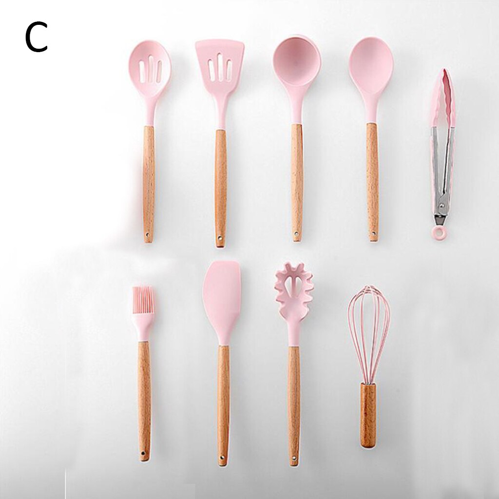 Conjunto de utensilios para cocina de silicona con caja de almacenamiento, espátula, Cucharillas, accesorios de cocina, 9/10/12 Uds.: Pink 9PCS