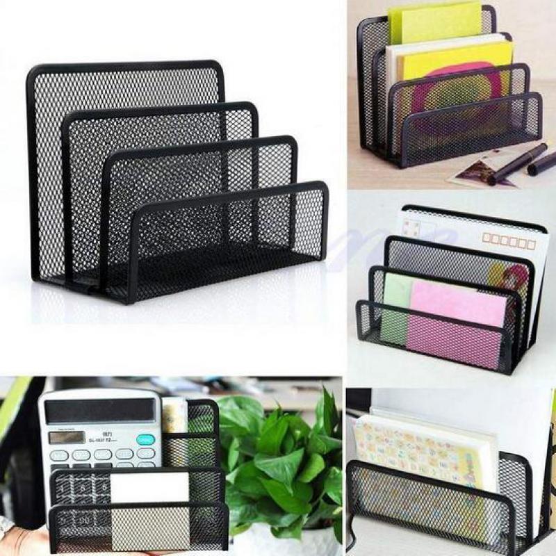 Black Metal Mesh Desk Organizer Desktop Letter Sorter Mail Tray File Organiser Office Home Bookends Book Holder Business