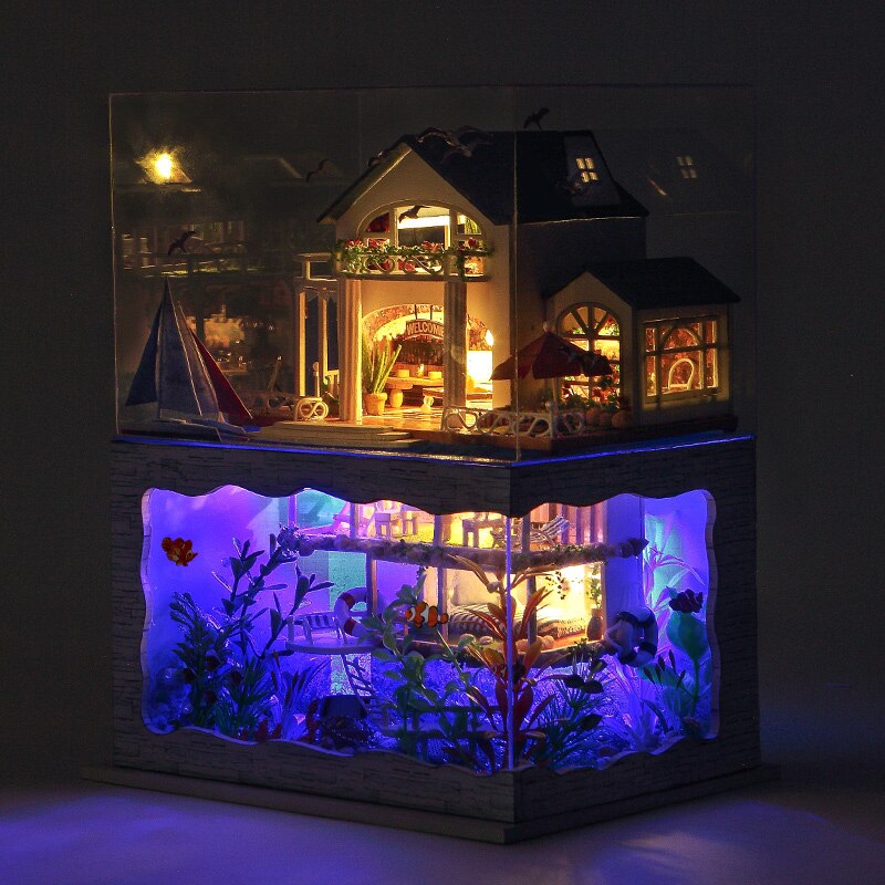 DIY Puppenhaus Miniatur Modell Hawaii Villa Haus Mit Licht Abdeckung Dekoration Sammlung Spielzeug Für Kinder Freund Kinder