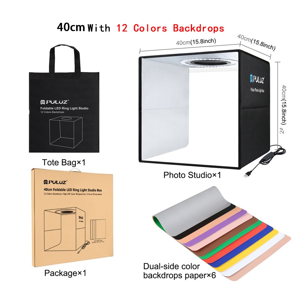 PULUZ 25cm/40cm LED Photography Studio Lightbox Shooting Tent Box Photo Studio Box Portable Ring Kit 6/12 Color Backdrop Softbox: 40cm 12 Backdrops