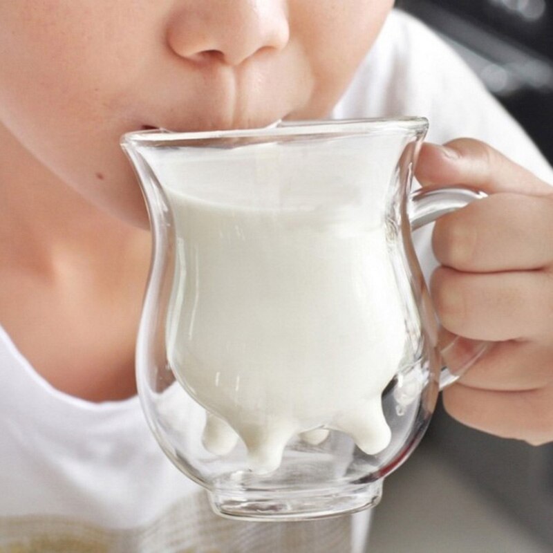 Child Baby's Milk Cup Milk Coffee COW Udder Shape Double Walled Clear Glass Milk Coffee Tea Mug Cup Handle Cute Cup