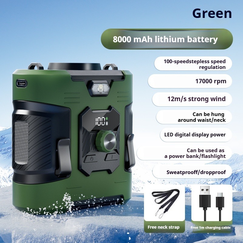 draagbare snelle, op de taille gemonteerde ventilator voor buitensporten en kamperen - USB-oplaadbaar met Power Bank-functie, 8000Amh: Donkergroen
