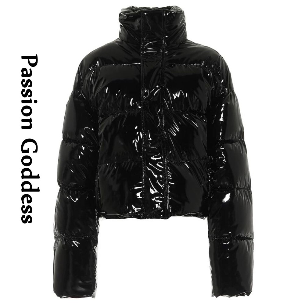 Winter dames felroze pu gewatteerde jas dikke bubbeljas rits glanzend leer dons parka bovenkleding opstaande kraag losse jas