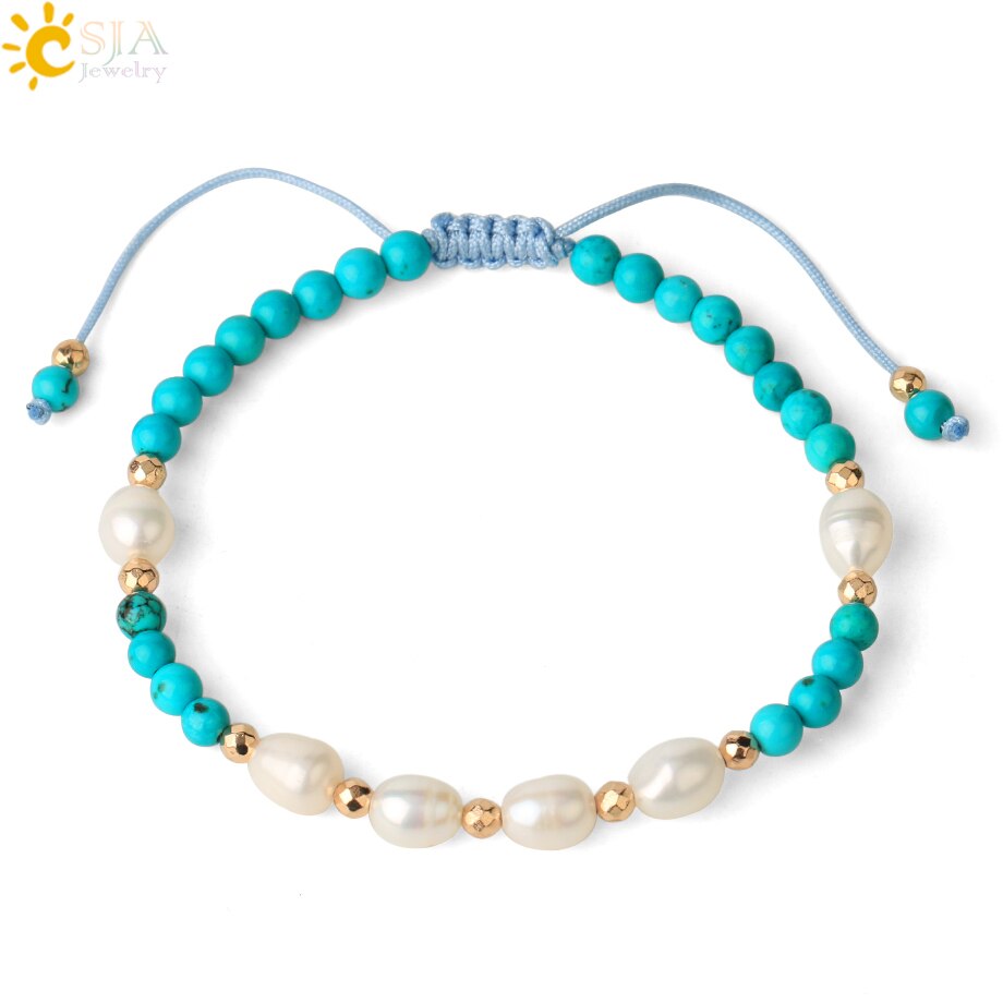 Csja Strand Armband 4 Mm Natuursteen Witte Parel Kristal Kralen Verstelbare Gevlochten Armbanden Voor Vrouwen Mannen Healing Sieraden G482: Turquoise