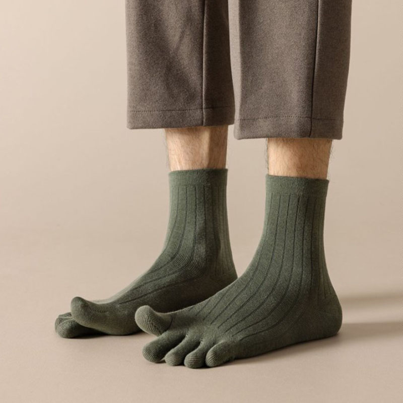 Calcetines hasta la rodilla a la con cinco dedos para hombre, calcetines a rayas de Color sólido hasta la pantorrilla, calcetines con punta abierta y absorción del sudor para primavera y verano, 5 dedos