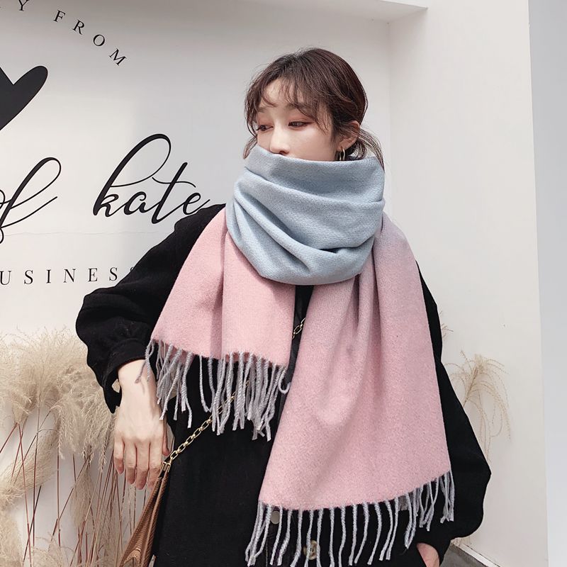 Winter Cashmere Scarf Women Thick Warm Shawls Wraps Lady Tie Dye Scarves Tassels Pashmina Blanket: Pink Gray