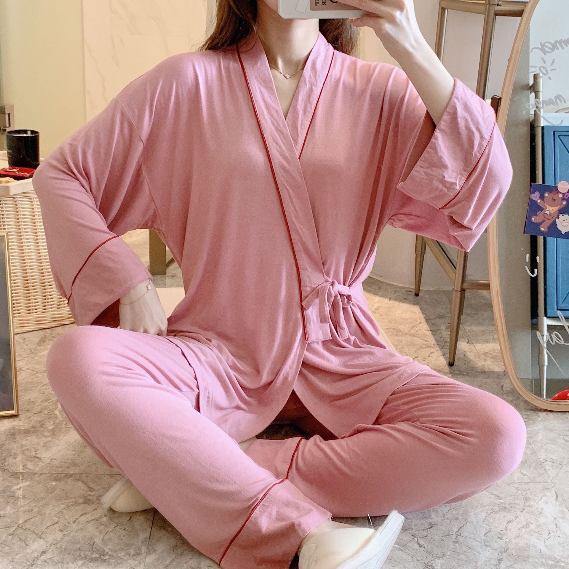 Women Modal Pregnancy Feeding Sleepwear Nightwear Set Cute V Neck Button Open for Maternity Mother Nursing Pajamas for Pregnant