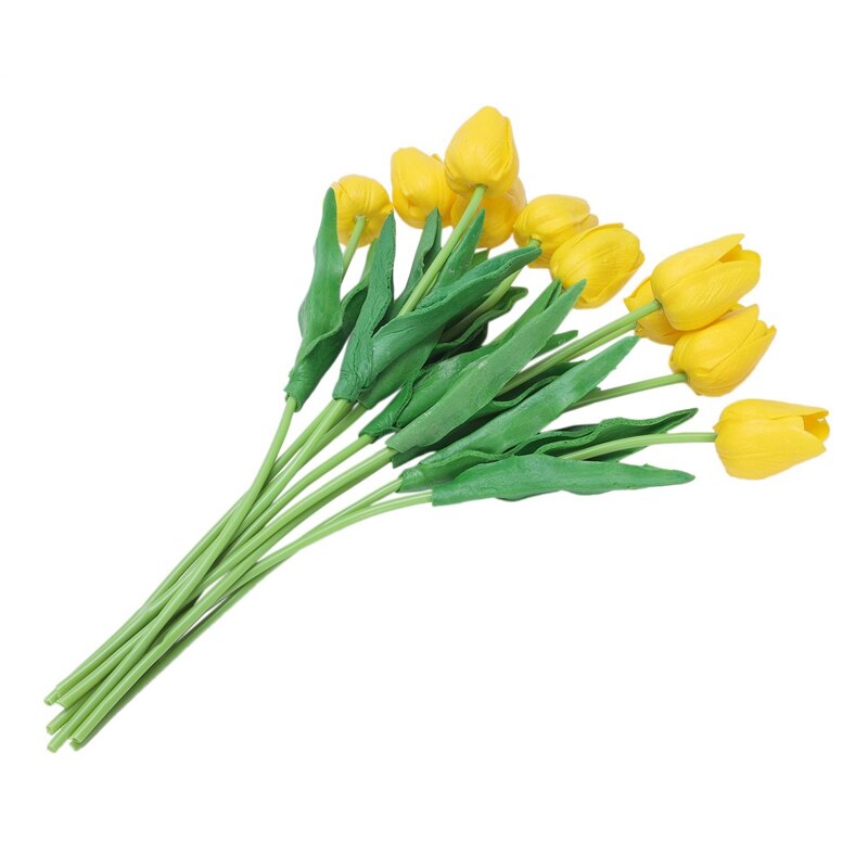 10Pcs Geel Latex Real Touch Tulp Bloem Met Bladeren Voor Bruiloft Boeket Versieren