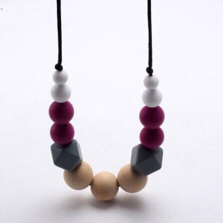 chewable silicone+original wood beads necklace baby teething teether holder toy diy teething necklace for mom no BPA: g