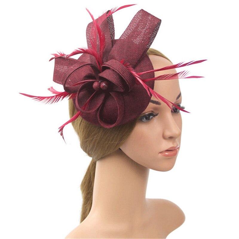 fascinante Clip de pelo diadema sombrero redondo velo de plumas boda Clip de pelo malla cóctel boda sombrero: Wine Red