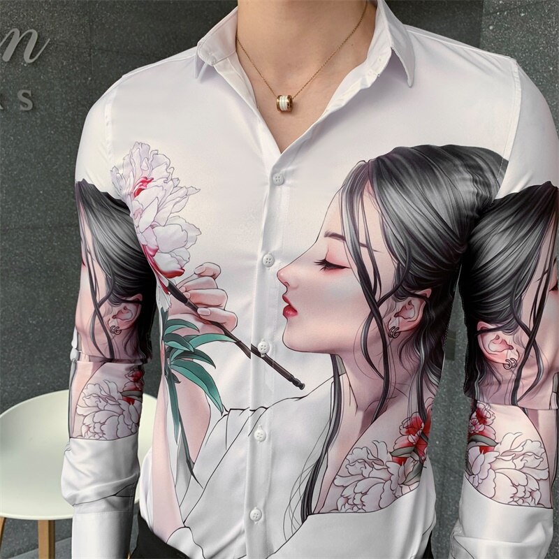 Camisa social masculina streetwear miesten paita brittiläistä tyyliä miesten pitkähihaiset paidat painatus korealaiset miesten paita rento slim fit