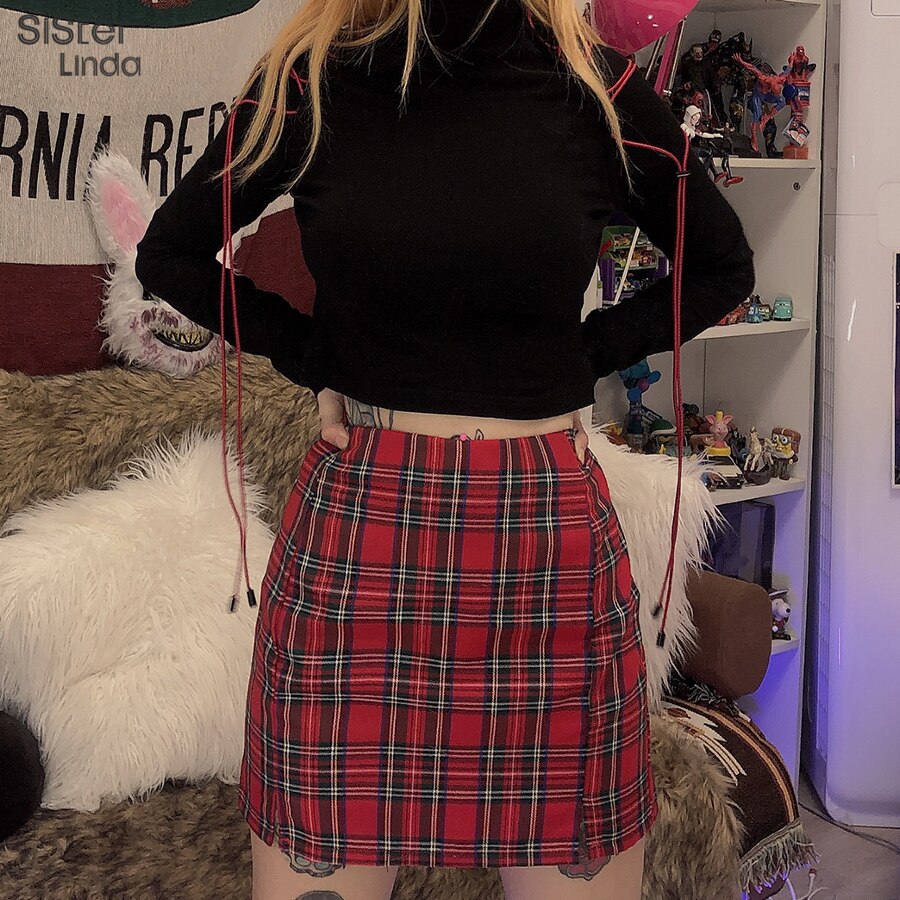 Sisterlinda enkel rød kort bodycon rutete skjørt dame sommer høy midje miniskjørt streetwear kort fritidsskjørt