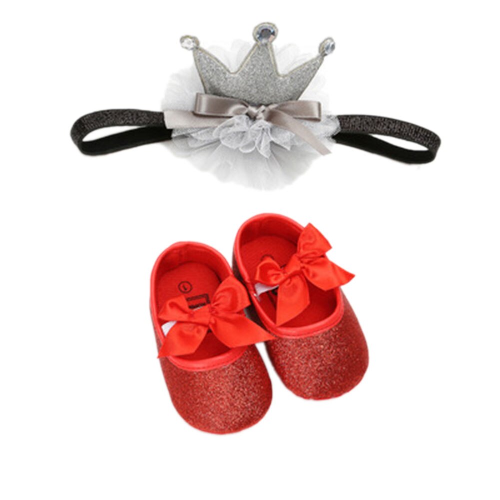 Baby flickor pu first walker skor mjuk sula halkfria skor paljett fast söta resårskor + kronhårband set 0-12m: Röd / 7-12 månader