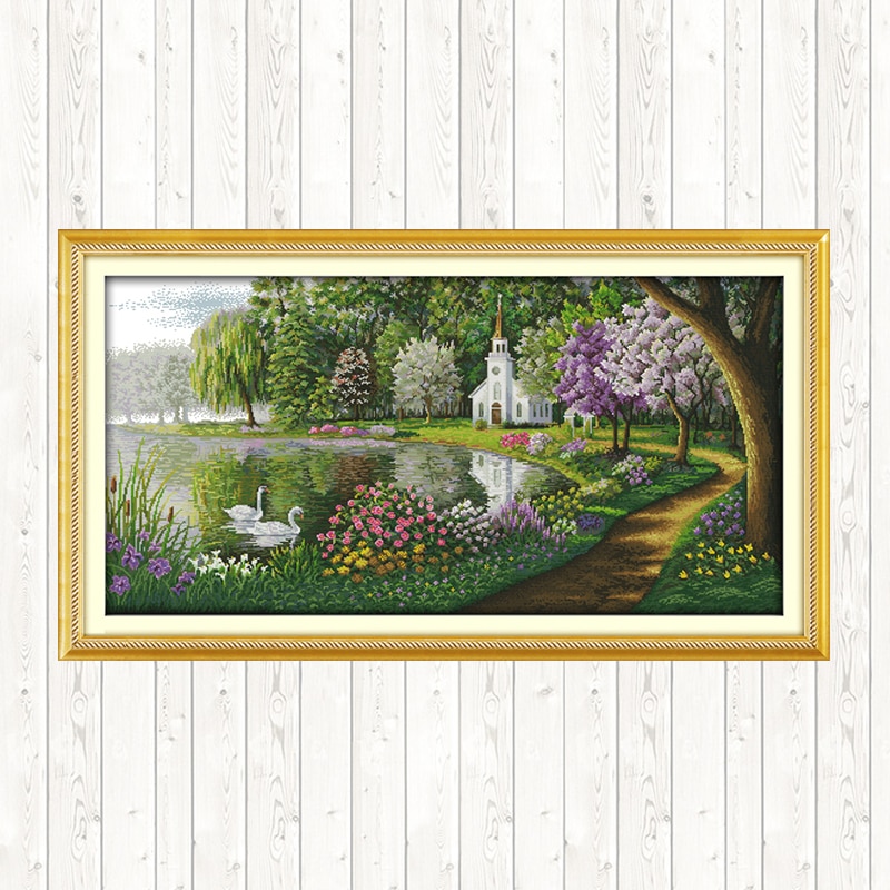 Green Lake Scenery Painting 14CT Counted Printed on Canvas 11CT DMC Floss Embroidery Kit DIY Handwork Needlework Kits Home Decor
