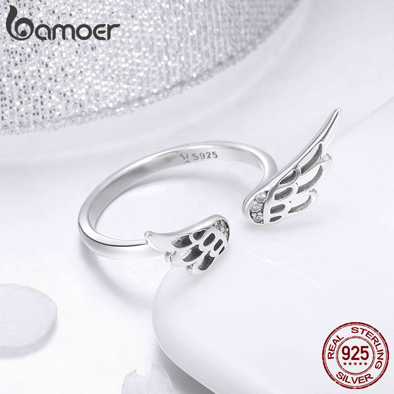 Bamoer Authentieke 925 Sterling Zilver Klassieke Veren Vleugels Verstelbare Vinger Ringen Voor Vrouwen Wedding Engagement Sieraden SCR457