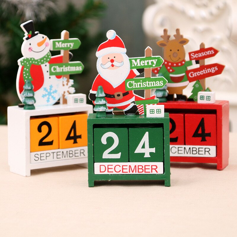 Christmas Countdown Wood Blocks Decor Calendar Tabletop Decoration Santa Snowman Reindeer Winter Wooden Signs Days