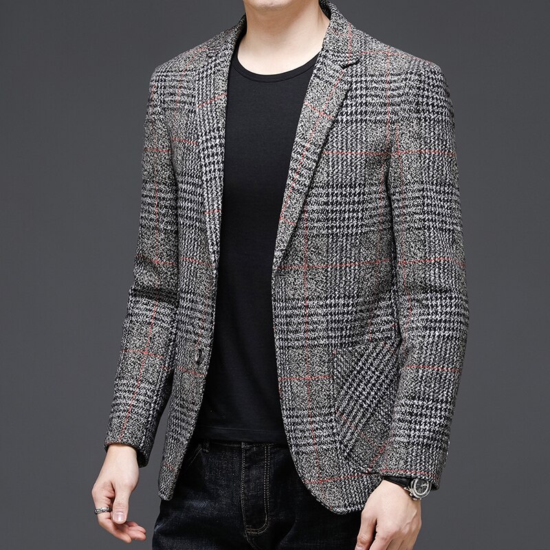 Top Grade Style Classic Brand Casual Slim Fit Men Suits Tweed Jacket Business Plaid Blazer Coats Mens Clothes