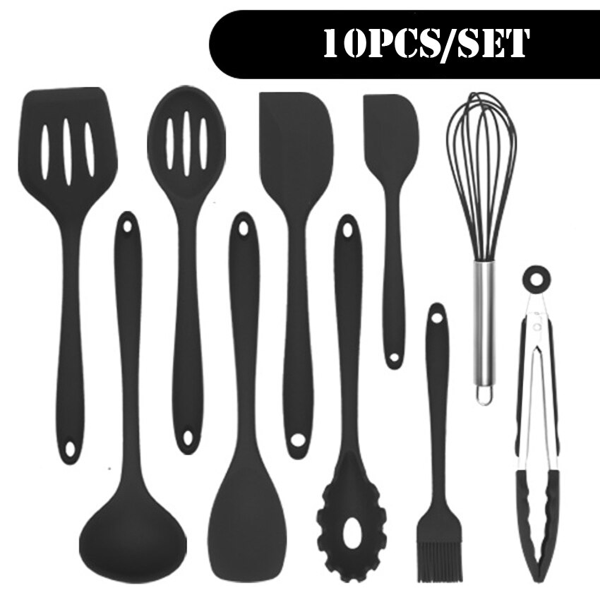 Svart matlagningsredskap set i silikon med non-stick bakredskap köksutrustning slitsad vändare spatel sked mattång kökssats: 10 st set