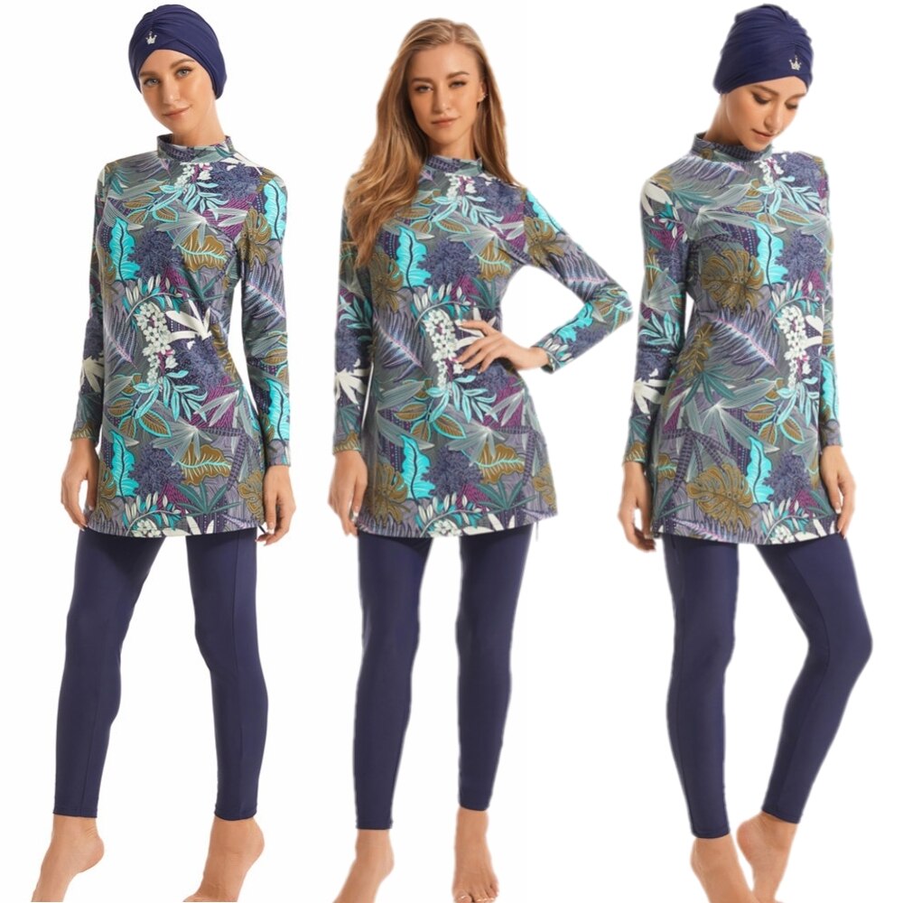 Women's Modesty Long Sleeve Printed Swimsuit Swimwear Beachwear Maxi Full Cover Burkinis Plus Size Swimming Beach Bathing Suits