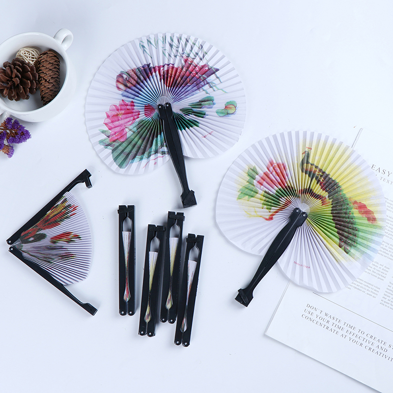 Pocket Folding Hand Fan Round Circle Printed Paper Party Decor Decorative Fan Chic Female Handheld Fan Chinese