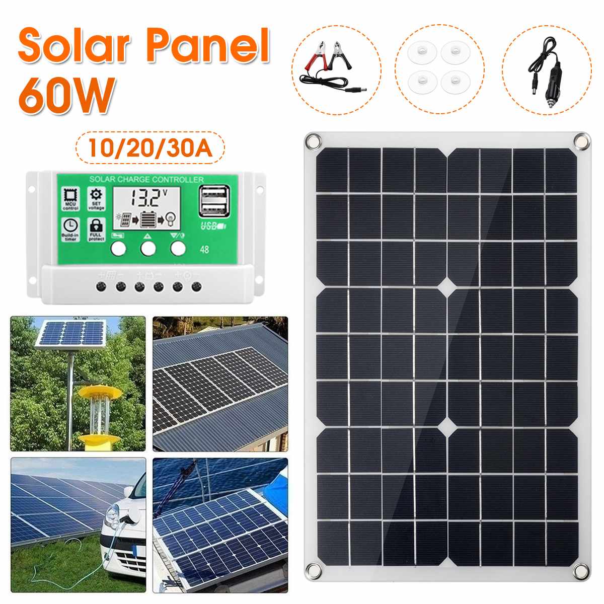 Kit de Panel Solar USB multifunción de 60W, Banco de energía monocristalino de silicona y controlador Solar portátil 10A/20A/30A para el hogar