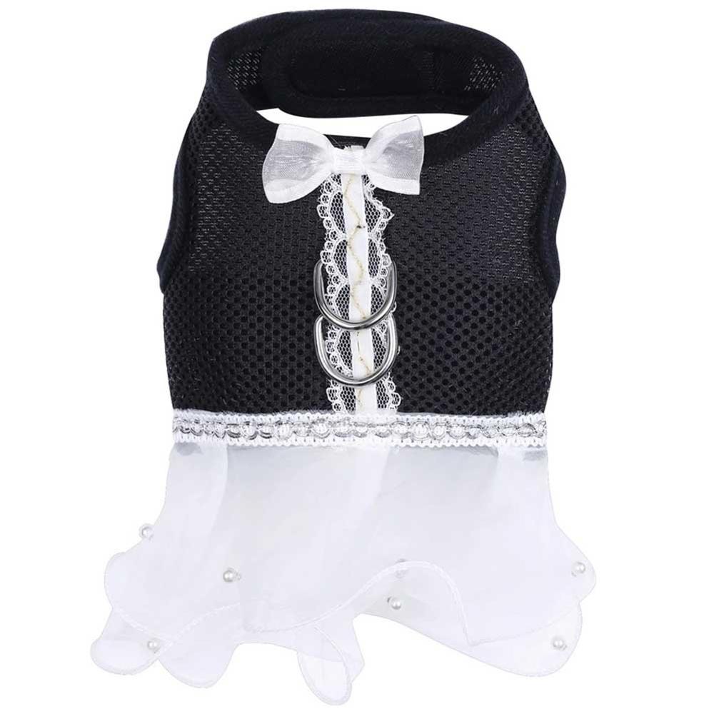 Conjunto de arnés y correa de malla para perro, en 5 colores, con pajarita, para perros pequeños y gatos, collar de arnés, falda de tutú de encaje para mascotas, chaleco, arnés, ropa, suministros: Negro / Metro