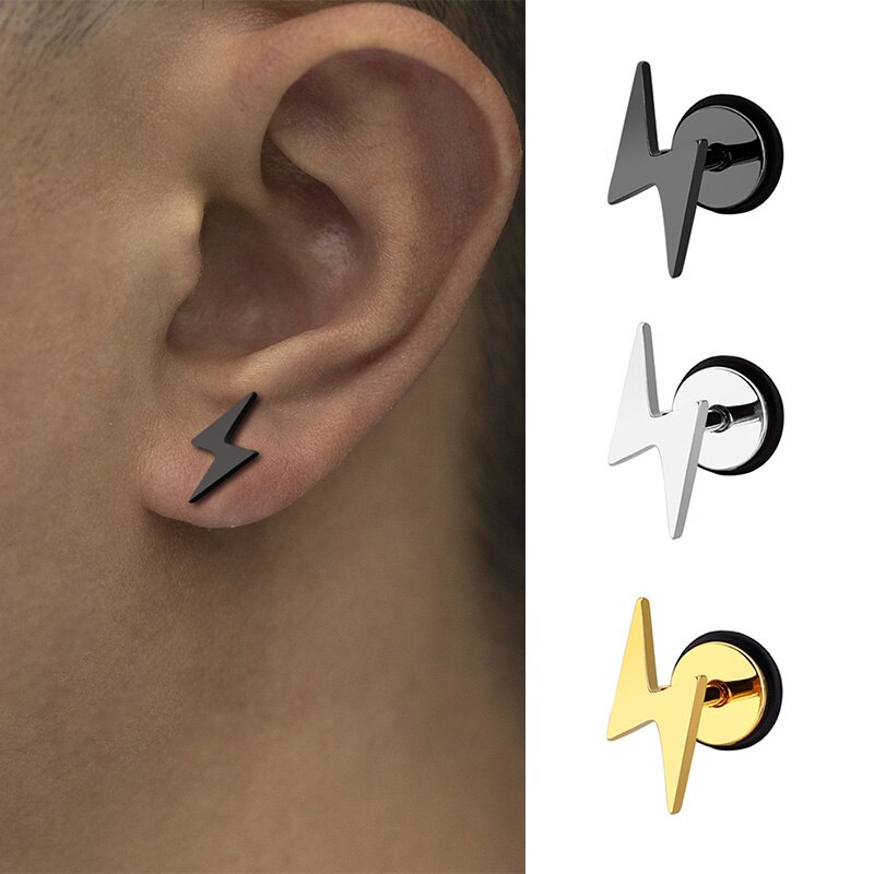 Punk titanium lightning stud brincos para homens mulheres de aço inoxidável redondo bolo preto brincos parafuso piercing jóias festa presente