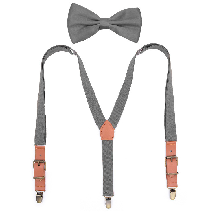 Ensemble de bretelles en cuir PU unisexe, Vintage, avec nœud papillon, ajustable, accessoires pour pantalons: Dark gray