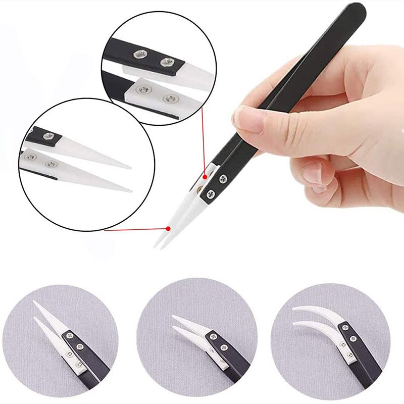 3Pcs Ceramic Tweezers Set, Heat Resistant Non-Conductive Anti-static Curved &amp; Straight Ceramic Tips Precision Tweezers