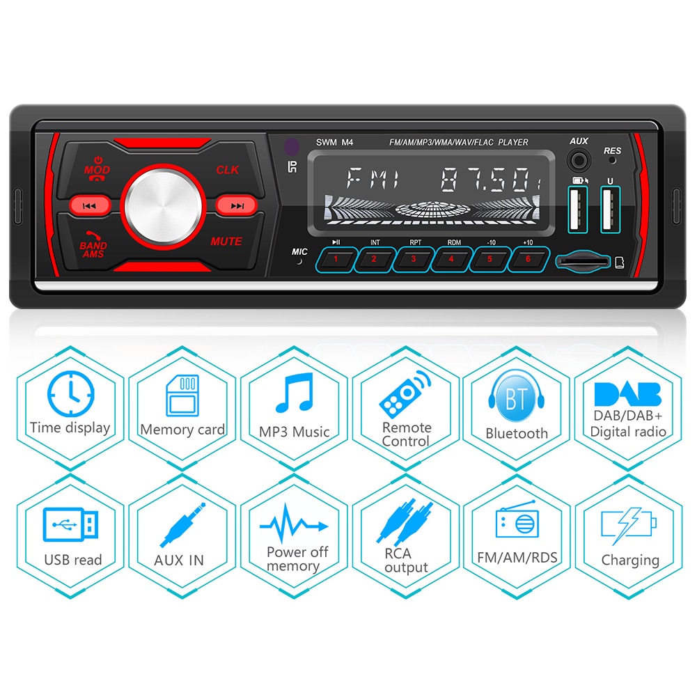 SWM M4 1DIN In-Dash Car Radio USB AUX FM AM RDS DAB DAB+ Radio Receiver Remote Bluetooth Autoradio Stereo Audio Music MP3 Player