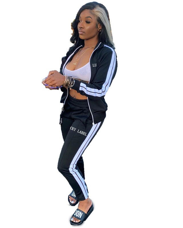 Lucky Label 2 Piece Set Women Sportwear striped Outfits Zip Top Leggings Pants Matching Set