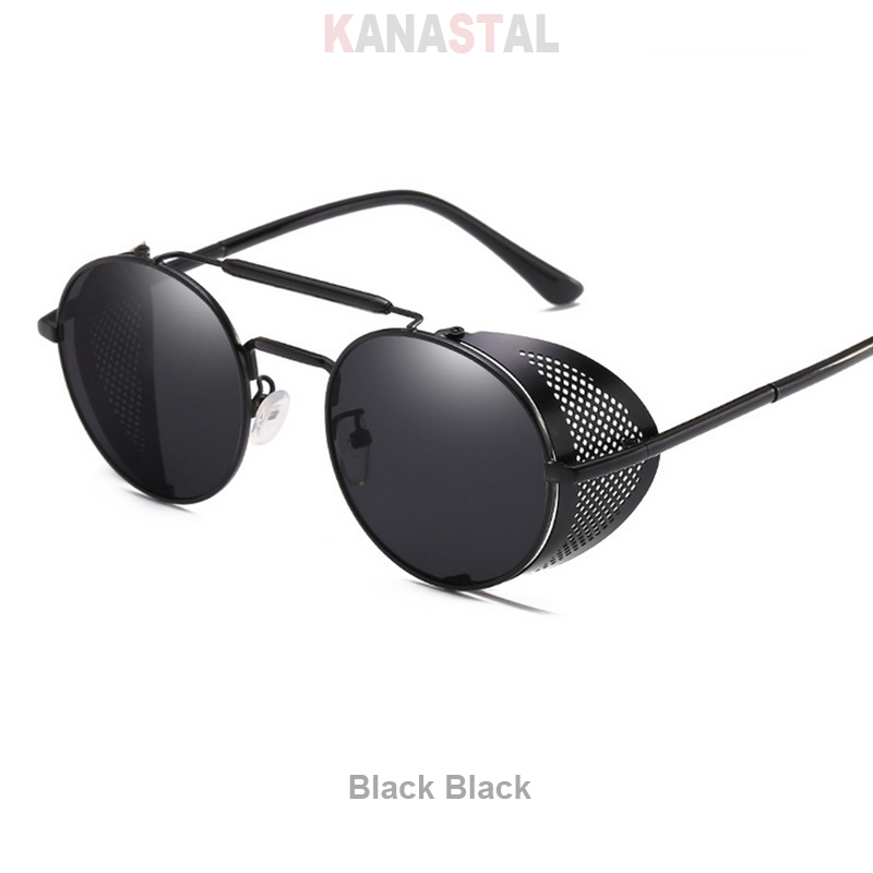 Retro Round Steampunk Sunglasses Men Women UV Side Shield Glasses Metal Frame Gothic Mirror Lens Sun Glasses: Blue