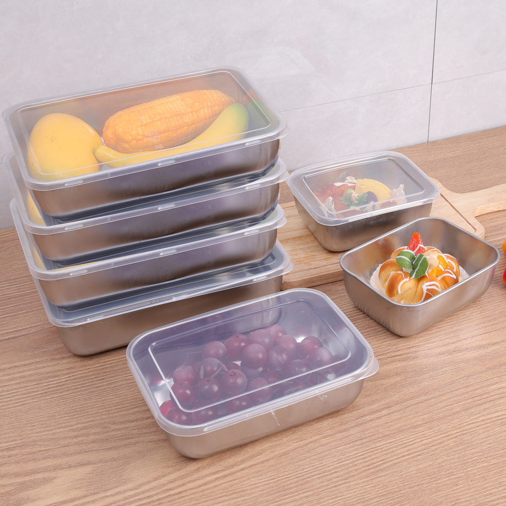 Caja de almacenamiento de alimentos de acero inoxidable, caja de mantenimiento fresco, tapa rectangular, fideos de salchicha, plato de fruta con tapa, contenedor de almacenamiento de alimentos