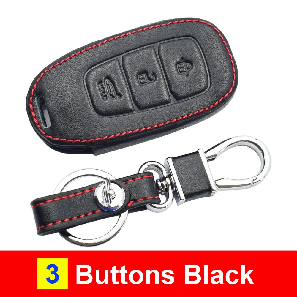 Funda de cuero para llave de coche Hyundai Kona Santa Fe TM 4 botones Smart Prox sin llave cubierta de mando de llave a distancia llavero Protector: 3 Buttons Black