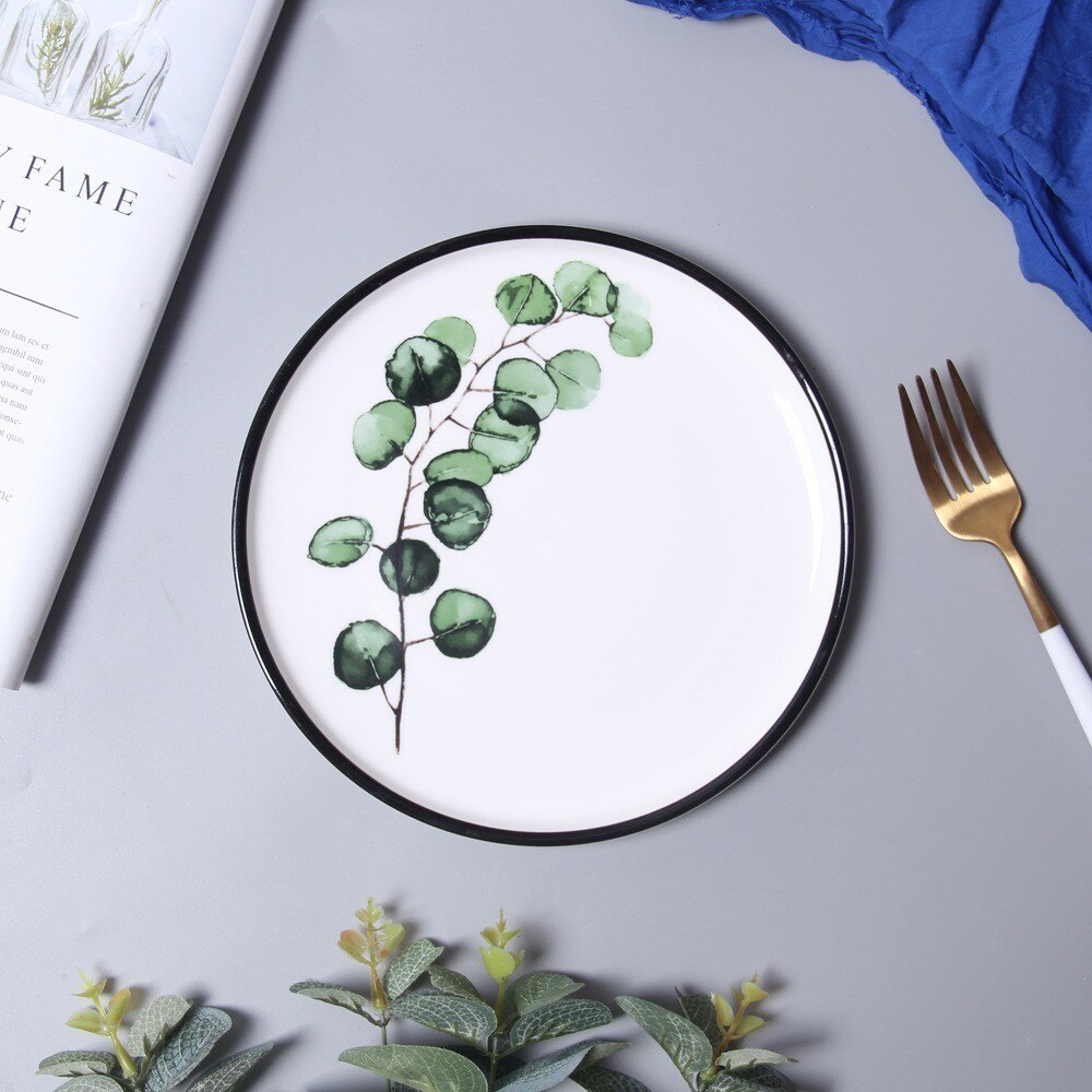 Vajilla de porcelana de 8 pulgadas con de plantas verdes, juego de cena, plato de postre de cerámica, plato de pastel, , 1 ud.: B