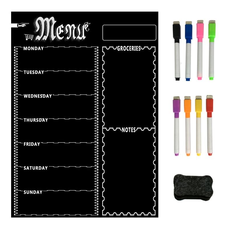 Magnetisk køleskab tavle, ugentlig menu, måltidsplanlægger, indkøbsliste til købmandsvarer
