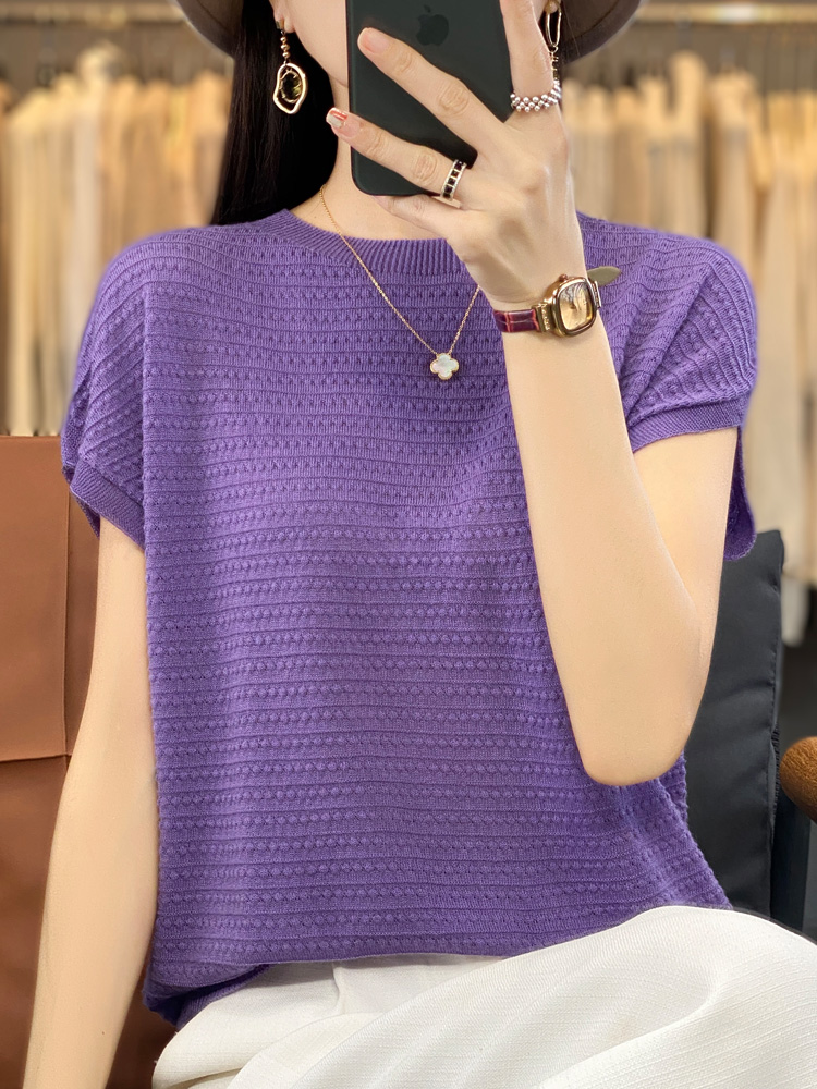 Neue Wolle Lyocell Kurzarm T-shirts Pullover frauen Oansatz Batwing Hülse Pullover Weste Sommer Gestrickte Bodenbildung T-shirt: XXL / Lila