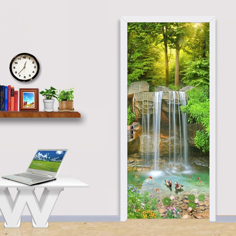 Waterfall 3D Landscape Door Sticker Wall Painting PVC Waterproof Self-adhesive Sticker Living Room Bedroom Door Mural Wallpaper