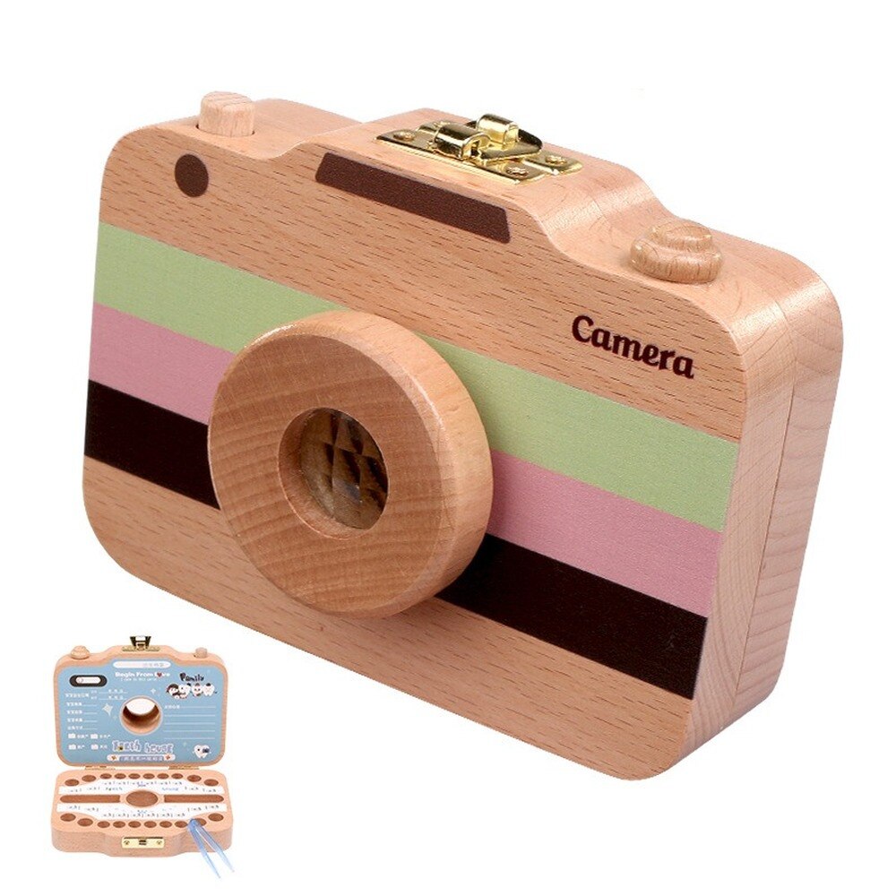 Wooden Baby Teeth Box Baby Tooth Keepsake Box Camera Shaped Wooden Container Storage Teeth Kids Tandendoosje Caja Dient: Color block English