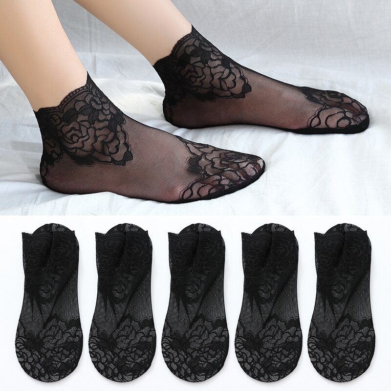 Calcetines tobilleros invisibles antideslizantes para mujer y niña, medias de malla de encaje con flores, elásticas, ultrafinas, 5 pares: 5Pairs Black