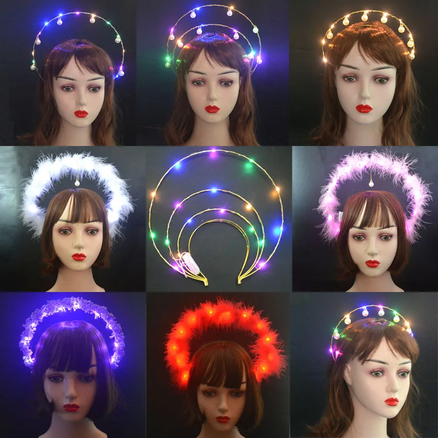 Glow Light Up Godin Crown Angel Bridal Gold Halo Hoofdband Veer Bloem Haarband Verjaardagsfeestje Heks Koningin Haar Slijtage Cadeau